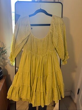 Yellow Gingham Mini Dress with Smocked Bodice